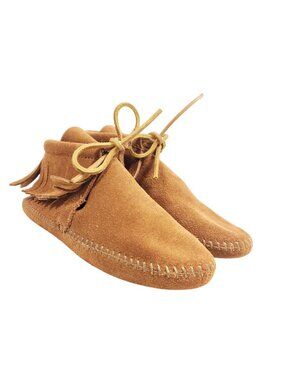Minnetonka Womens Size 5 Brown Suede Moccasin Boots With Fringe & Tie Closures